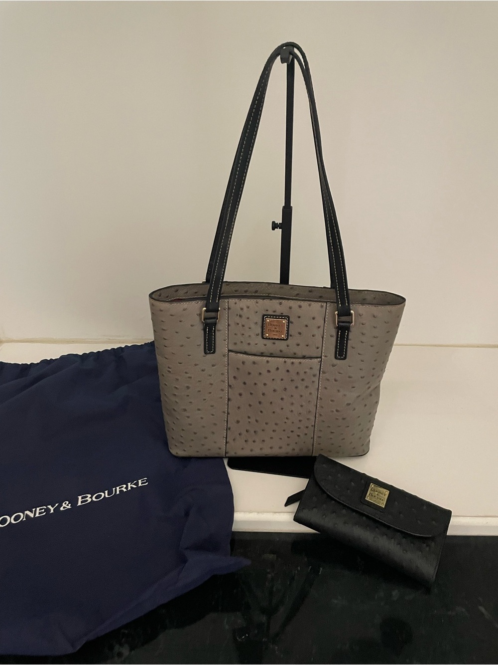 Dooney & Bourke Gray Ostrich-Embossed Tote with Black Handles and wallet